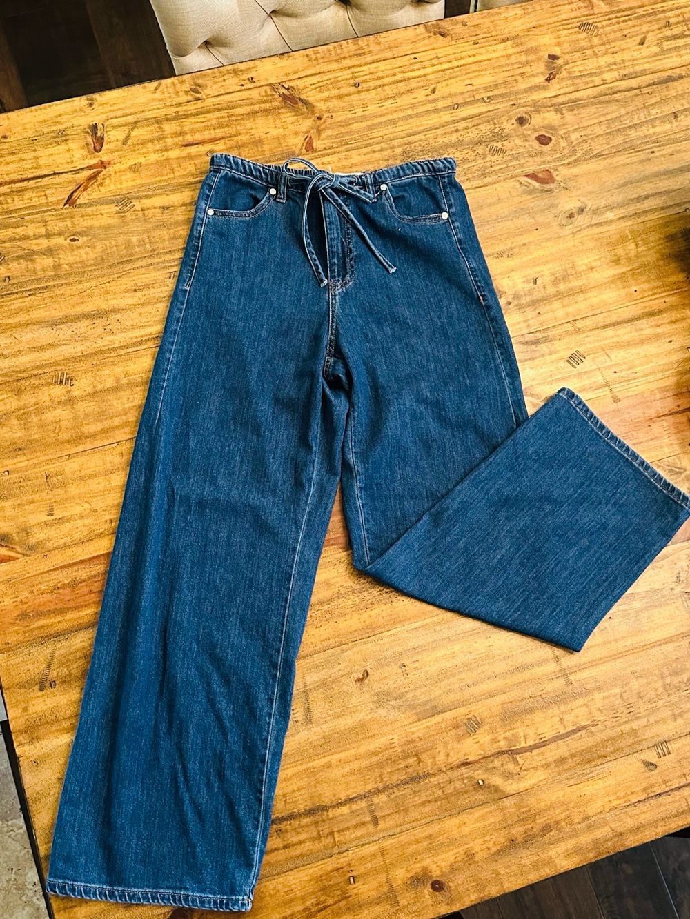 Oat New York Indigo Wide-Leg Drawstring Jeans